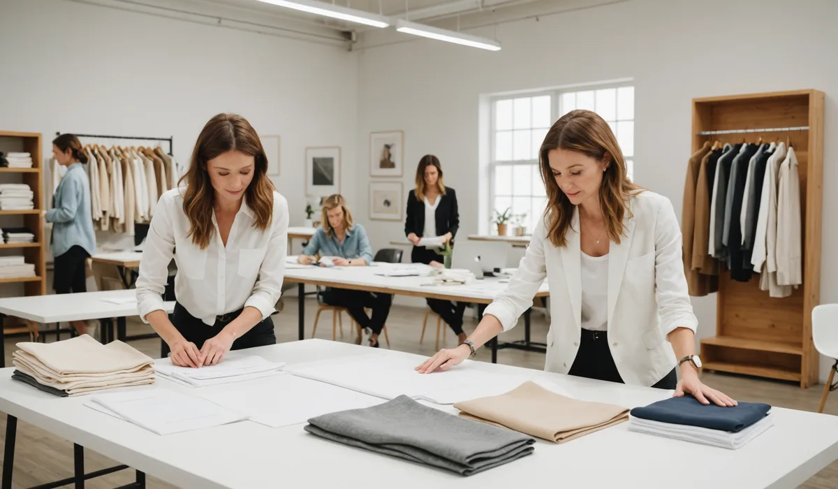 Apparel team reviewing fit guidance on a laptop